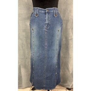 Vezucci Denim Jean Maxi Skirt Womens 10 Blue Front Slits Stretch Pockets Y2K